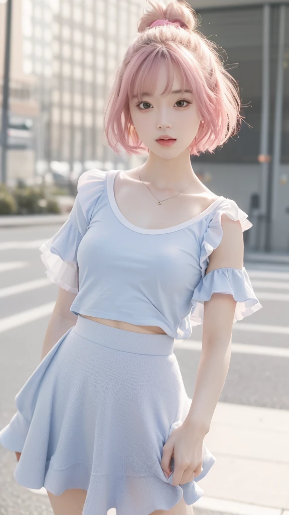 (Masterpiece 1.8), Ultra HD, high quality, Ultra-high resolution, Realistic Face, Realistic portrayal Realistic Face, K-POPアイドル, Clear skin, Pink Short Hair, Full body photo (Light blue ruffle skirt), (small breasts),thick lips, ((tight white plain t-shirt)) , underboob,