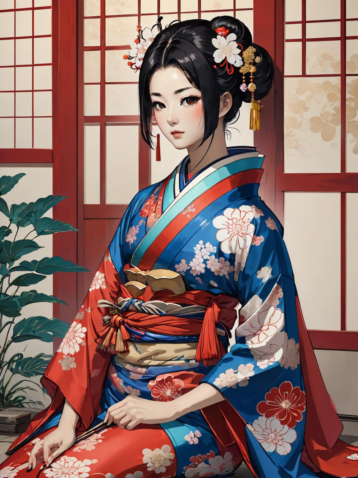 arafed asian woman in a red and blue kimono, wearing royal kimono, wearing a haori, in kimono, Royal Costume Akira, japanese kimono, Traditional Japanese, red kimono with flower patterns, wearing kimono, red kimono, Traditional geisha costume, wearing kimono armor, Wearing long royal robes, kimono, wearing a noble robe, intricate geisha kimono