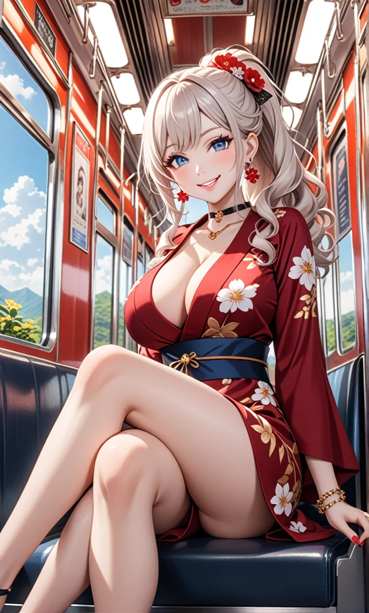 ultra-detailed, ((one girl)), (pale skin:1.3), in pastel colors gyaru, hyper detailed, absurdres, 8K, fair skin, Beautiful Face, (heavy makeup), (Laugh shyly), ((teasing smile:1.8)), ((Wink:1.6)), (Laugh with your mouth wide open),((Tilt your head:1.6)), View your viewers, ((Bright red cheeks:1.6)),Glossy Red Lips, ((blue eyes)), ((Big Breasts:1.5)), (show off breast), noon, on the train, ((Anime style background)),masterpiece, Highest quality, so beautiful,Latest, Complex details, (Pink long nails), (nail art), (ring),(bracelet), (Floral choker),AI-generated, Complex,High resolution, Highest quality, super high quality,3D Images、3D Images,One person,long white hair,(High Ponytail), (wavy hair:1.1), Anime woman posing for a photo, ((Fine grain、blue eyes、glowing eyes:1.4)), (Squint your eyes:1.1),a hyperRealistic , hyperRealistic , Realistic,Anime woman with long white, Smooth anime CG art, Girl in black kimono, Gold embroidery, ((black furisode)),(Large floral pattern) Long flower hair ornament,Floral Earrings,Mature Body, tall,Abdominal muscles,Narrow waist,(Sit in your seat:), ((Crossing your legs:1.5)), ((Shooting from below at an angle)),