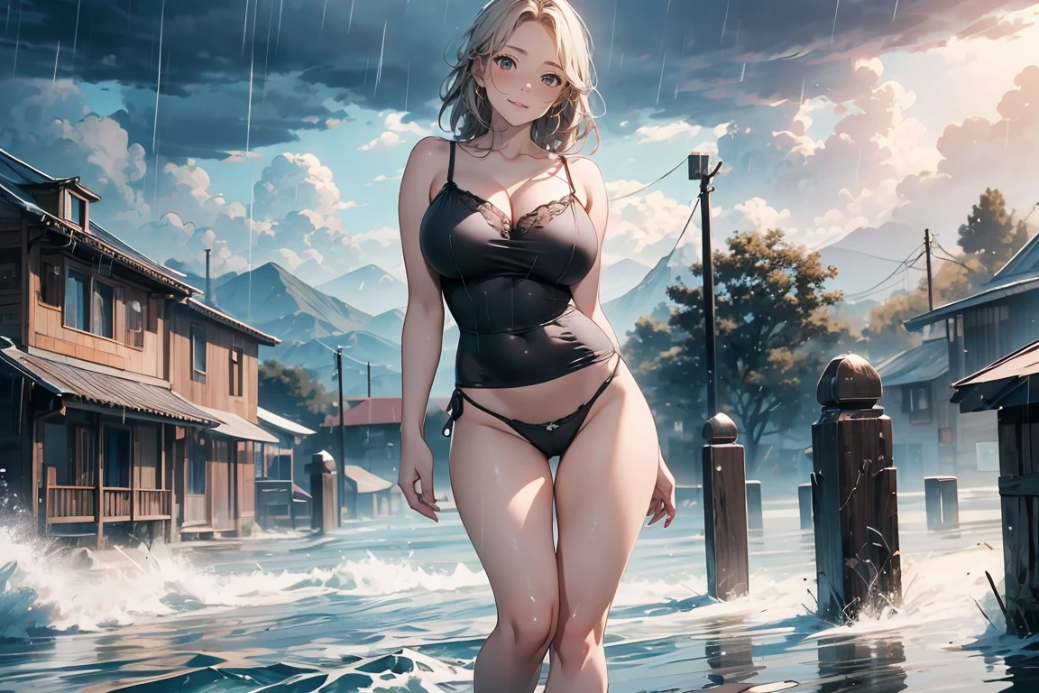 Highest quality, Super detailed, (Ultra-high resolution,8K), Ultra-high definition 4K, (Perfect Anatomy, Anatomically correct), (Five Sensual Housewives:1.4), Full body photography, (Beautiful Eyes), (Detailed eyes), (High-quality facial beauty), (In the Storm:1.2), Friendly, (Photorealistic), (Big Breasts), Soft Skin, Glowing Skin, (Tight camisole), Bright lighting, Very heavy rain, colorful, Goddess-like beauty, Professional photography techniques