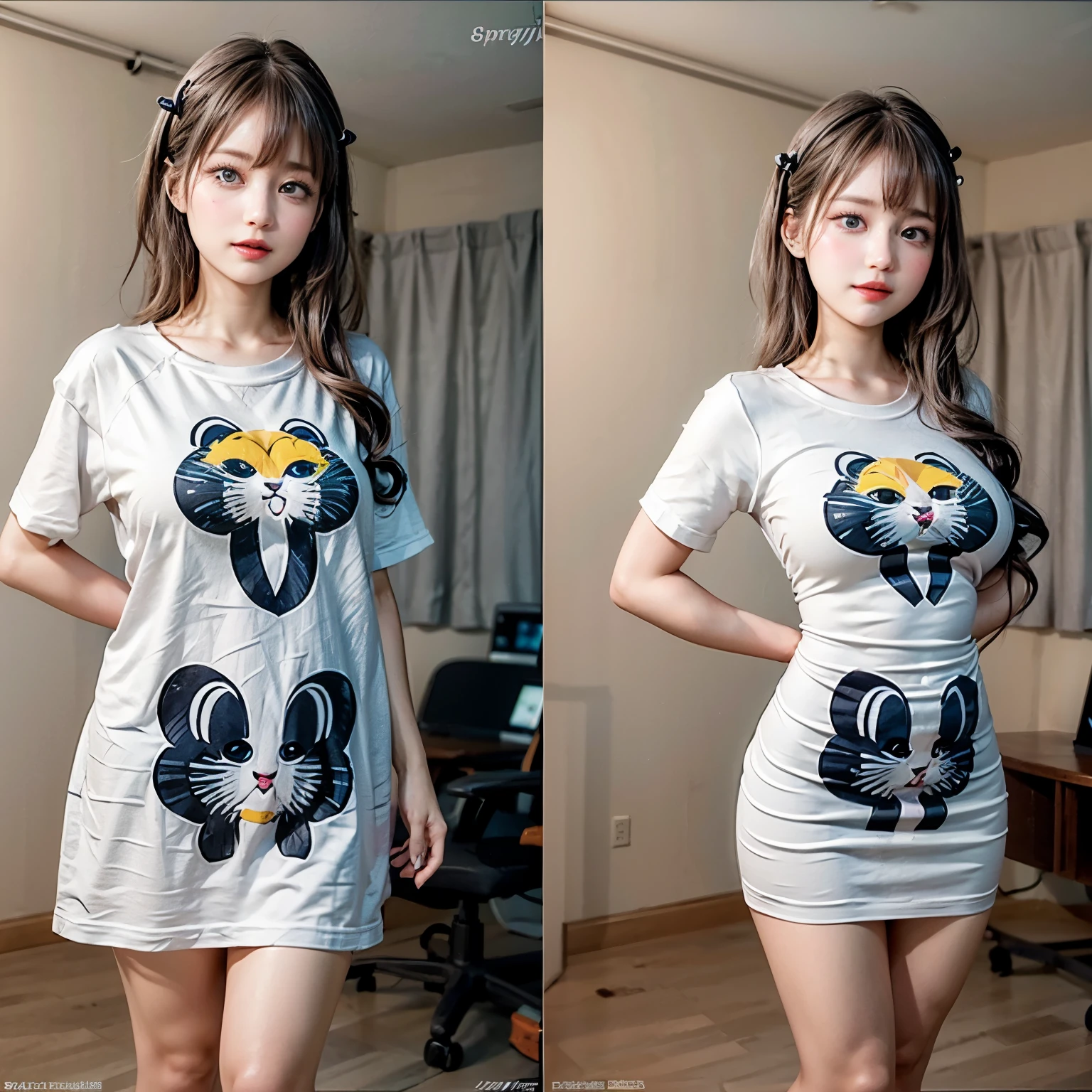 White and Bright Red, (Masterpiece 8K TopQuality:1.2) (ProfessionalPhoto:1.37) ExtremelyDetailed (((FullBody, KAWAII girl with HUGE boobs:1.37)) in ((WHITE cotton T-shirt dress:1.28) with (Life-Size her face printed on it:1.37)) detailed (Delicate cotton textures)) PerfectLighting (Studio Dark GRAY Background) with (Oodles of mystic Dazzling RainbowColor Particles:1.26) BREAK (((NOGIZAKA FaceVariations))), Extremely Detailed (very KAWAII Face), Childish CaptivatingGaze Stunning ParfectEyes ElaboratePupils with (SparklingHighlights:1.28), DoubleEyelids with (Detailed Voluminous LongEyelashes:0.88), Small GlossyRedLips with BeautifulDetails, CoquettishTongue, PUNIPUNI RosyCheeks, Radiant PearlSkin with Transparency, Glowing DowneyHair . { (Dynamic Joyful expressions LifeLike Rendering:1.4) | (:d) }, (large eyes:-1) .