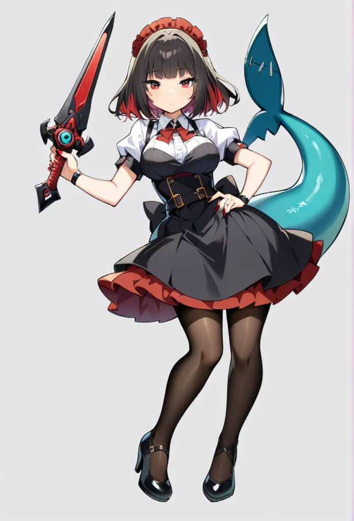 masterpiece, best quality, very aesthetic, absurdres,
zenless_zone_zero, ellen_joe, 1girl, argyle_clothes, argyle_legwear, black_dress, black_footwear, black_hair, black_pantyhose, breasts, closed_mouth, dress, fingernails, fins, fish_tail, frilled_dress, frills, grey_background, hand_on_own_hip, high_heels, holding, holding_weapon, maid_headdress, medium_breasts, mole, mole_under_eye, multicolored_hair, nail_polish, pantyhose, puffy_short_sleeves, puffy_sleeves, red_eyes, red_hair, red_nails, shark_girl, shark_tail, short_sleeves, simple_background, solo, standing, streaked_hair, tail, weapon, white_headdress