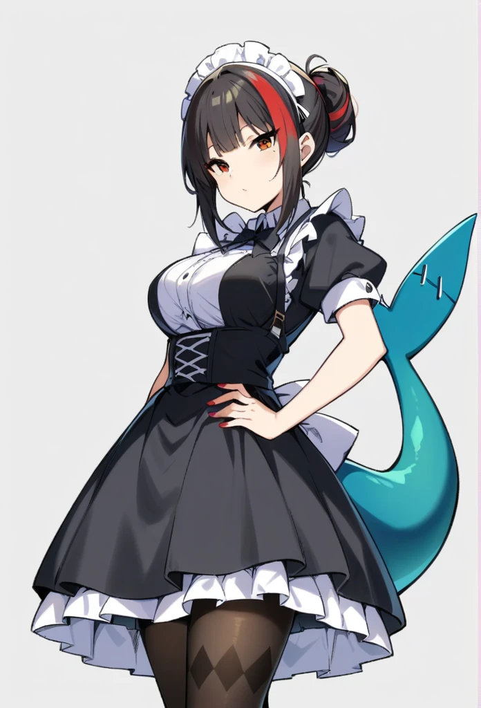 masterpiece, best quality, very aesthetic, absurdres,
zenless_zone_zero, ellen_joe, 1girl, argyle_clothes, argyle_legwear, black_dress, black_footwear, black_hair, black_pantyhose, breasts, closed_mouth, dress, fingernails, fins, fish_tail, frilled_dress, frills, grey_background, hand_on_own_hip, high_heels, holding, holding_weapon, maid_headdress, medium_breasts, mole, mole_under_eye, multicolored_hair, nail_polish, pantyhose, puffy_short_sleeves, puffy_sleeves, red_eyes, red_hair, red_nails, shark_girl, shark_tail, short_sleeves, simple_background, solo, standing, streaked_hair, tail, weapon, white_headdress