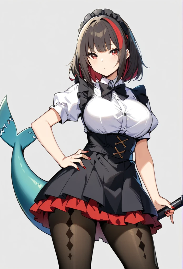 masterpiece, best quality, very aesthetic, absurdres,
zenless_zone_zero, ellen_joe, 1girl, argyle_clothes, argyle_legwear, black_dress, black_footwear, black_hair, black_pantyhose, breasts, closed_mouth, dress, fingernails, fins, fish_tail, frilled_dress, frills, grey_background, hand_on_own_hip, high_heels, holding, holding_weapon, maid_headdress, medium_breasts, mole, mole_under_eye, multicolored_hair, nail_polish, pantyhose, puffy_short_sleeves, puffy_sleeves, red_eyes, red_hair, red_nails, shark_girl, shark_tail, short_sleeves, simple_background, solo, standing, streaked_hair, tail, weapon, white_headdress