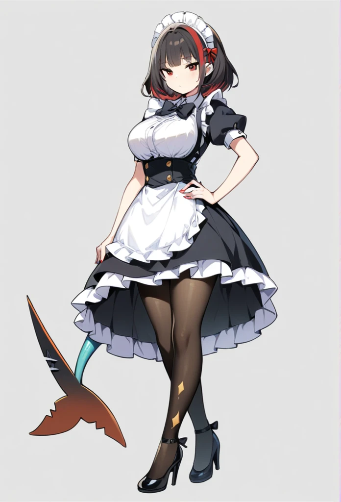 masterpiece, best quality, very aesthetic, absurdres,
zenless_zone_zero, ellen_joe, 1girl, argyle_clothes, argyle_legwear, black_dress, black_footwear, black_hair, black_pantyhose, breasts, closed_mouth, dress, fingernails, fins, fish_tail, frilled_dress, frills, grey_background, hand_on_own_hip, high_heels, holding, holding_weapon, maid_headdress, medium_breasts, mole, mole_under_eye, multicolored_hair, nail_polish, pantyhose, puffy_short_sleeves, puffy_sleeves, red_eyes, red_hair, red_nails, shark_girl, shark_tail, short_sleeves, simple_background, solo, standing, streaked_hair, tail, weapon, white_headdress