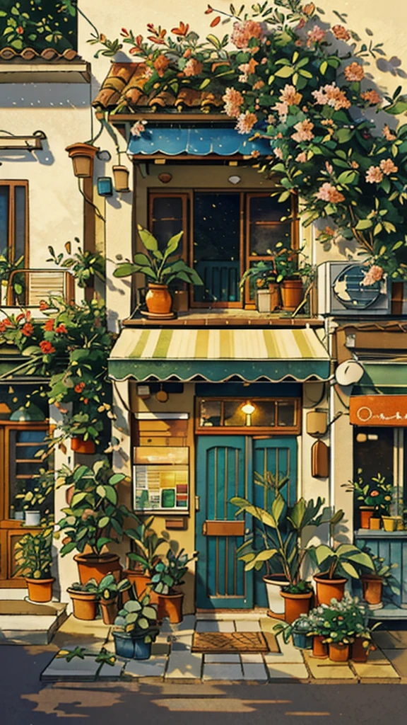 JZCG021,Flower shop,Coffee spots,gauges,a chair,No one,janelas,Flowers,a plant,Plants in pots,aquarelle (mediating),Landscapes,doors,air conditioner,picure (mediating),Traditional media,casa,Outdoors,terrazzo,architecture,Masterpiece,Best quality,High quality,a plant,, Masterpiece,Best quality,High quality,