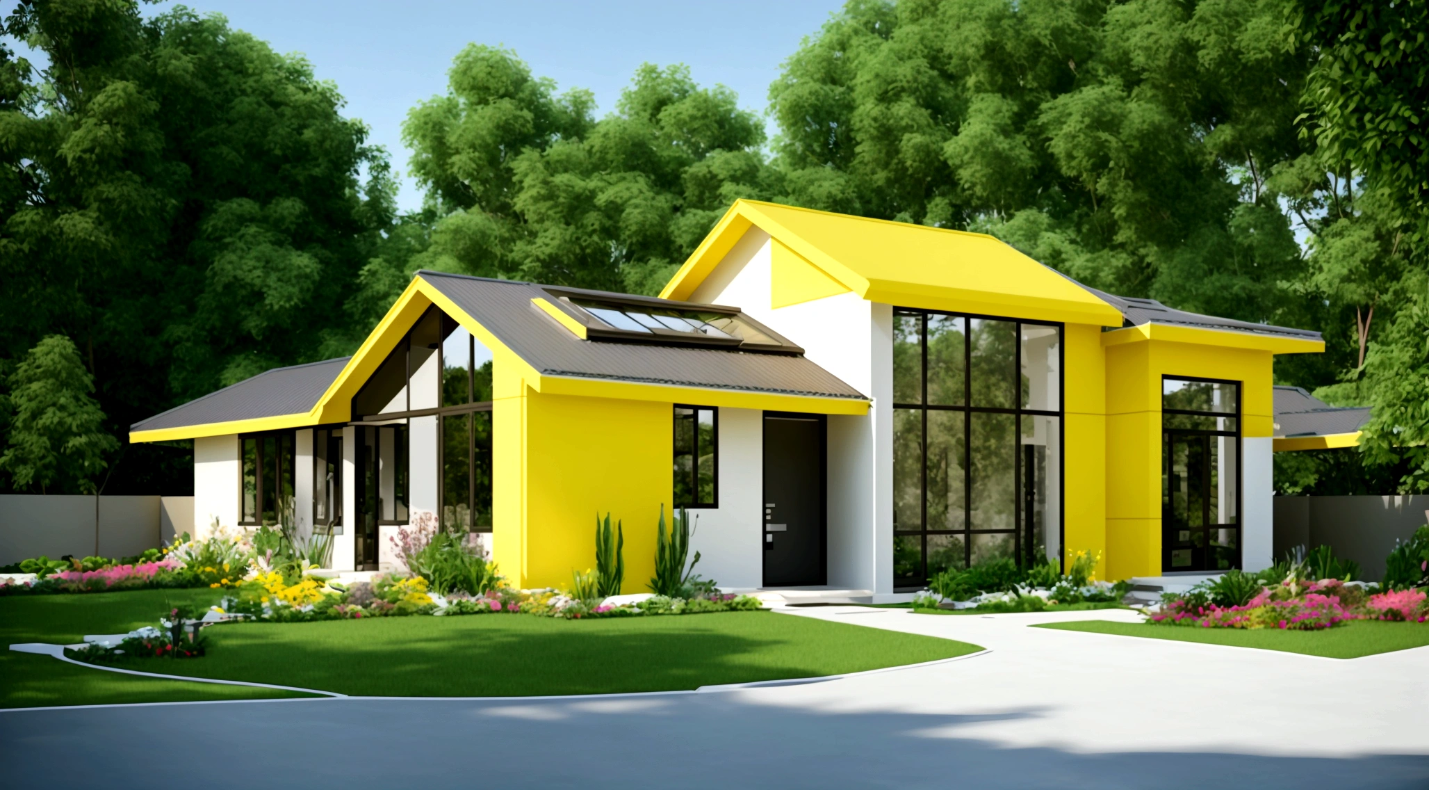 Exterior landscape of modern one-story roadside house, with tiled roof, light yellow walls, glass windows and doors, simple but elegant interior, surrounded by flowers and green plants, blending together harmony with nature, fresh air, natural light, surreal, high-end. -quality images. Realistic photos, 8K