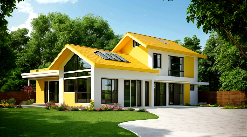 Exterior landscape of modern one-story roadside house, with tiled roof, light yellow walls, glass windows and doors, simple but elegant interior, surrounded by flowers and green plants, blending together harmony with nature, fresh air, natural light, surreal, high-end. -quality images. Realistic photos, 8K