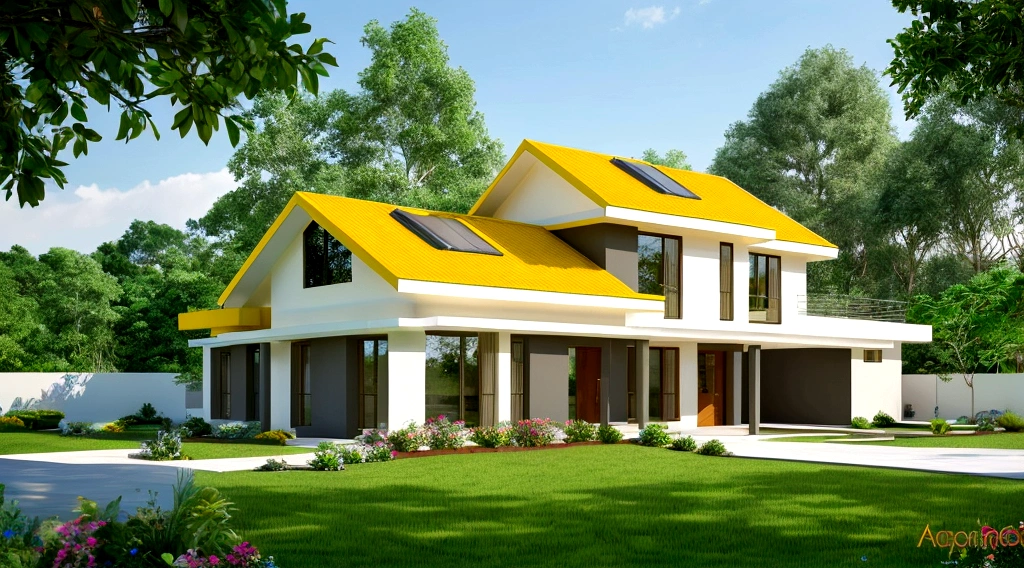 Exterior landscape of modern one-story roadside house, with tiled roof, light yellow walls, glass windows and doors, simple but elegant interior, surrounded by flowers and green plants, blending together harmony with nature, fresh air, natural light, surreal, high-end. -quality images. Realistic photos, 8K