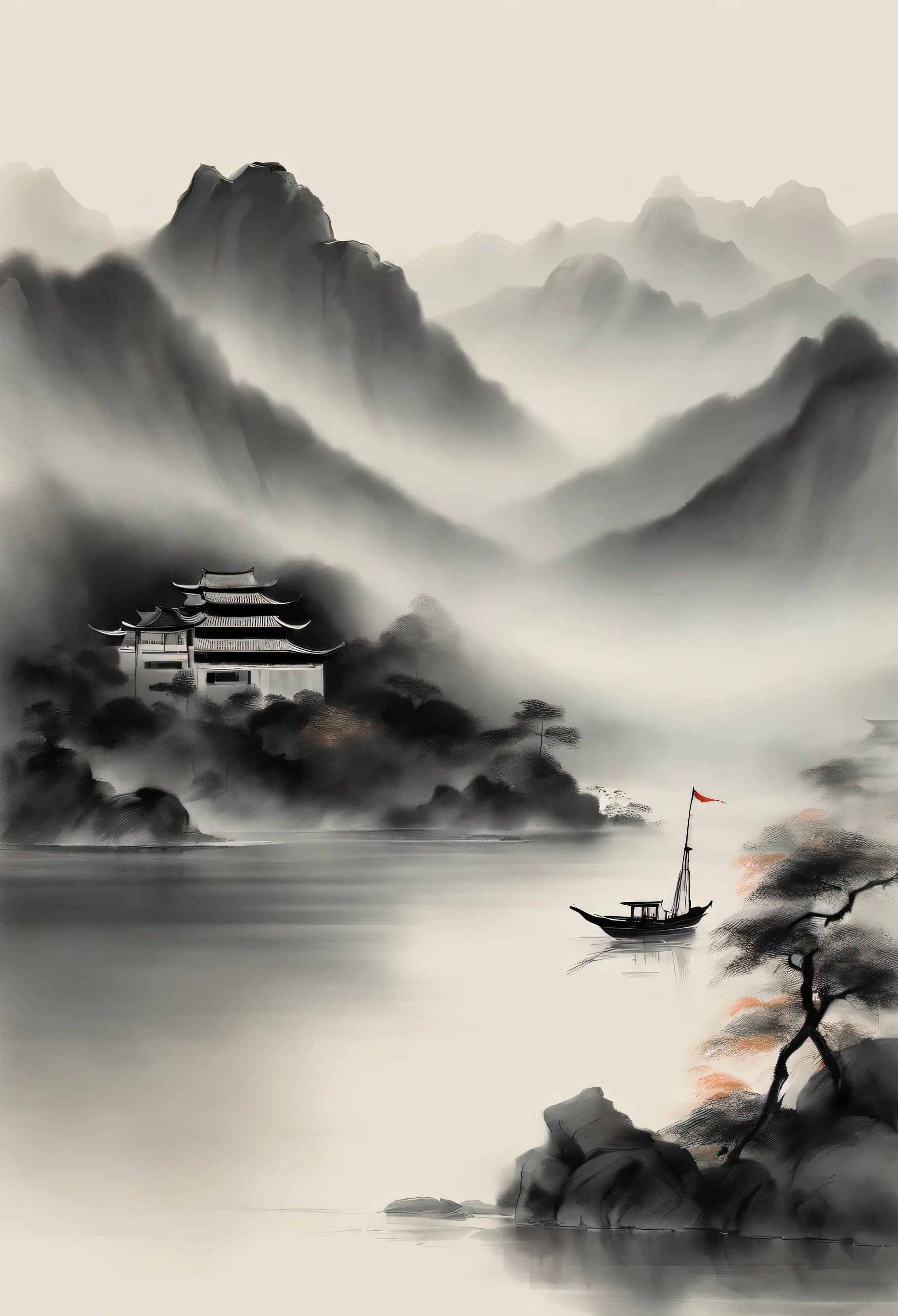 Best quality, Ultra-fine details, high resolution, Masterpiece:1.2, Immerse yourself in the beautiful landscape, Impeccable brushstrokes, Impressive ink, Adopt a wide-angle viewing angle, Breath-taking mountain views, Deep and majestic atmosphere, Beautifully depicted ships sailing through the mountains, Describe the vessel and its surroundings in detail, Traditional Chinese art, Expressing the tranquility and harmony of nature, Subtle tonal changes, Soft color palette, Gentle and warm atmosphere, Exhibited in a famous exhibition - Chinese ink landscape painting,The composition is stunning,emotive depth,Capture the tranquility of the mountains. Texture strokes and tonal changes are very detailed, Reveal the complexity of the ship and the beauty of the surrounding landscape. Traditional Chinese art styles create a peaceful and harmonious atmosphere,Immerse viewers in natural wonders. This masterpiece is of the highest quality, Features ultra-fine detail and high-resolution images, Make it an impressive and breathtaking work of art,Perfect to capture the essence of Chinese ink landscape painting.