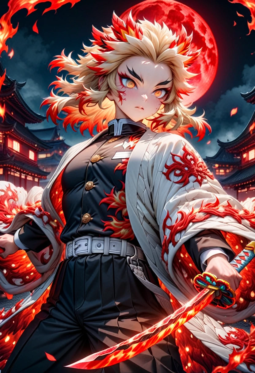 Super detailed, photograph、High resolution, Absurd, High resolution, masterpiece, Rengoku Kyojuro, Blonde, Expressive golden eyes, White Haori with a Flame Pattern, Black Demon Slayer uniform, Kimetsu no Yaiba, Fantasy, petal, Red flower, good looking, sexy man Grabbing a sword, alone, magic, shining red fireflies, Red Moon, Highest quality, Highly detailed face and eyes, fire, Grabbing a sword