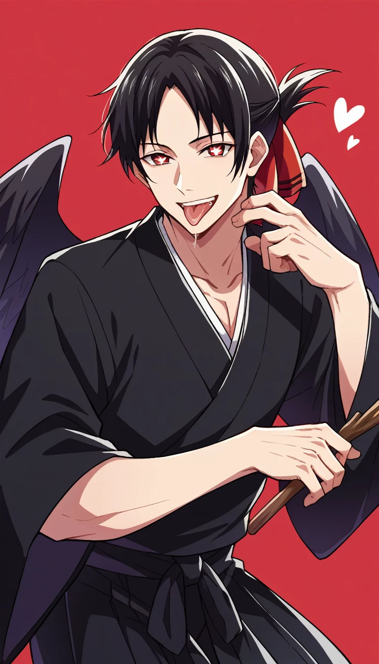 score_9, score_6_climb, source_anime, 1 man, alone, climbper body, Shinomiya Kaguya, conjunctivitis, black hair, black dress, Put your hand on your chin., Heart-shaped eyes, no pclimbils, smile softly, tooth, tsurime, red background , stick out your tongue, sexy, saliva, flirt, It has black wings., Hakama style kimono