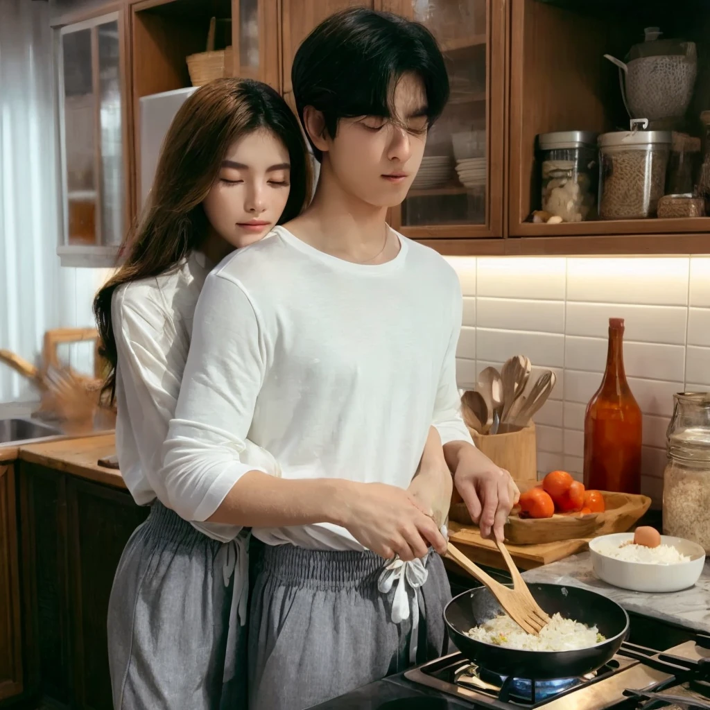 a young man is cooking fried rice in the kitchen, there is a woman hugging the man from behind, wear the same romantic clothes. very detailed kitchen background, 8k photo looking forward