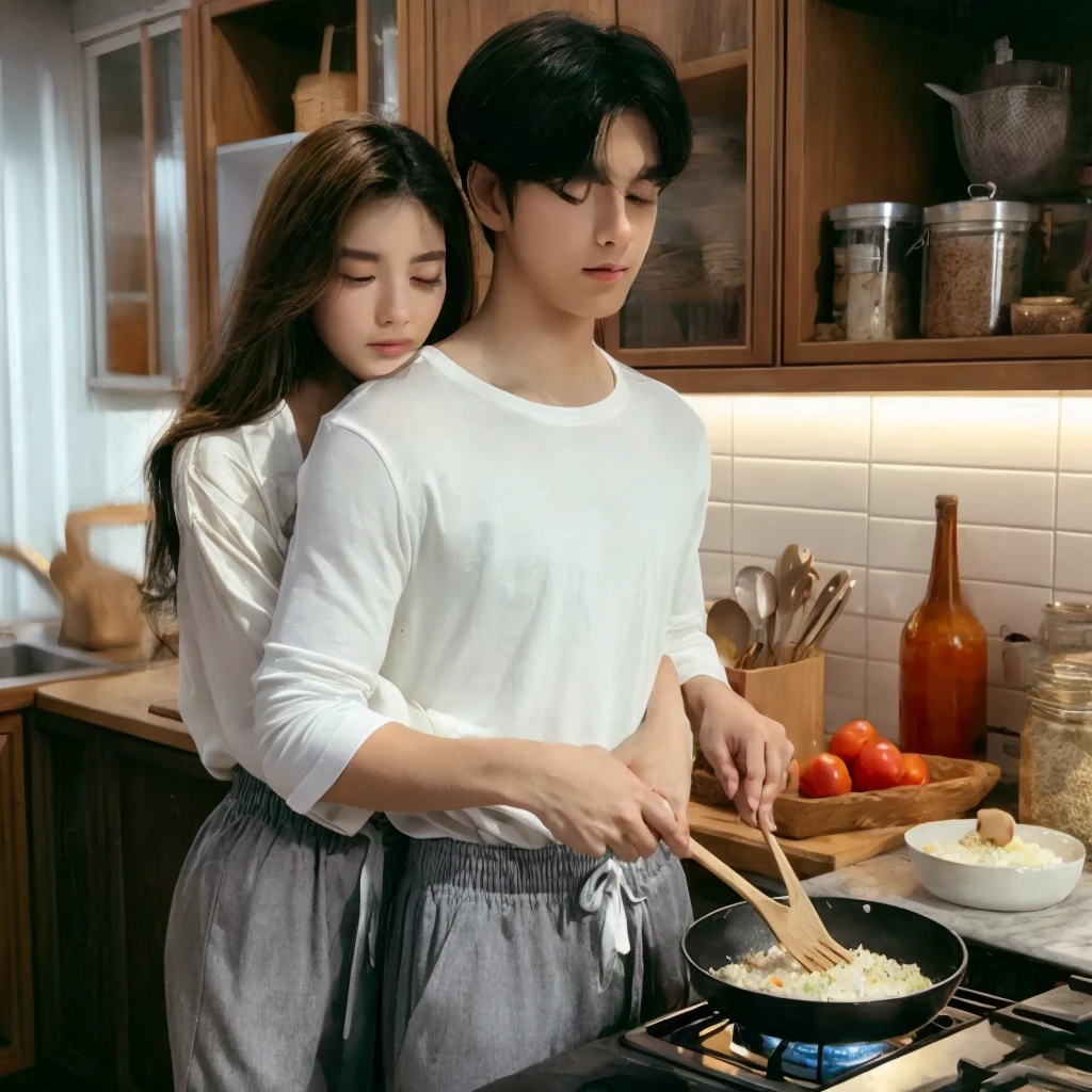 a young man is cooking fried rice in the kitchen, there is a woman hugging the man from behind, wear the same romantic clothes. very detailed kitchen background, 8k photo looking forward