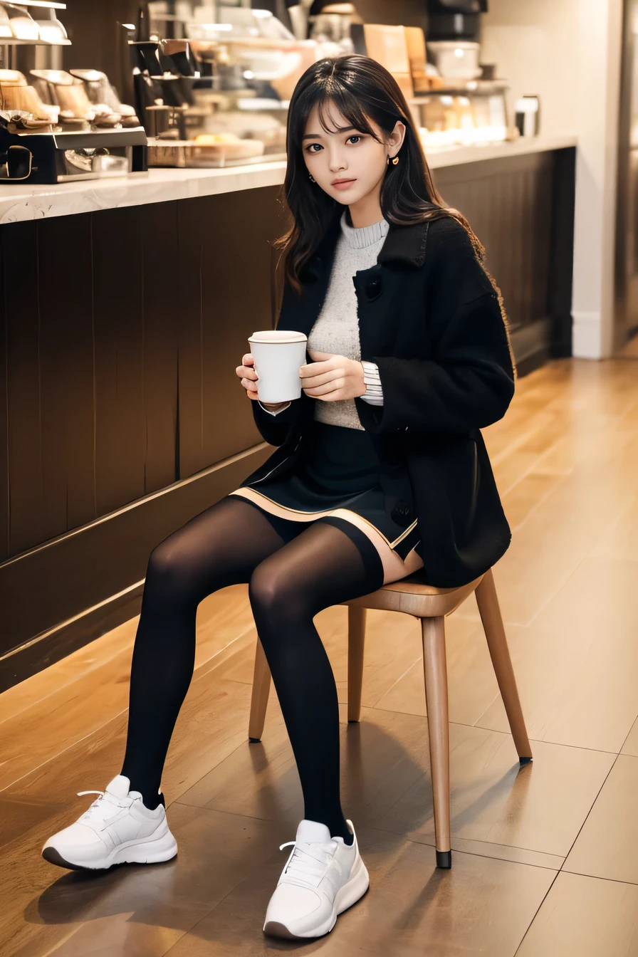 high quality,16K:1.1),(, Woman sitting on a chair in a coffee shop)(Full Body Shot:1.2),Black Hair、Wavy Hair、、ear piercing、smile、Beautiful teeth alignment、((coat、sweater、Knee-length skirt、tights、sneakers)), ,(View your viewers:1.3),Coffee shop on background