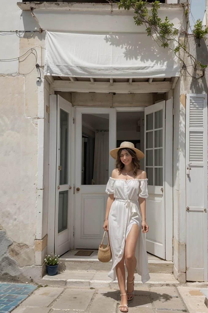 Créez une image d'une femme nommée Elena en vacances en Grèce. Elle a une peau claire et des cheveux châtain clair, légèrement ondulés, qui tombent jusqu'aux épaules. Elena est habillée de manière estivale avec une robe légère et fluide, de couleur blanche ou pastel, et des accessoires comme un chapeau de paille et des sandales. La scène se déroule sur une terrasse avec vue sur la mer Égée, entourée de maisons blanches typiques aux volets bleus. Elena est debout près d'un muret en pierre, regardant l'horizon avec un sourire serein et un verre de limonade à la main. Le ciel est bleu et dégagé, et la lumière du soleil illumine la scène, ajoutant une ambiance chaleureuse et relaxante. Utilisez des couleurs vives et des contrastes naturels pour capturer la beauté et la tranquillité de ce moment en Grèce.