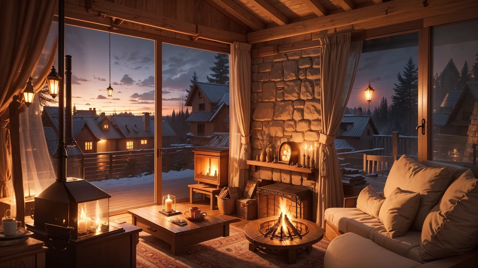 Cartoon background of wooden house living room, This night outside](Comfortable atmosphere), (Soft lighting), Bright fire in stone fireplace, This is the best night, Transparent glass window