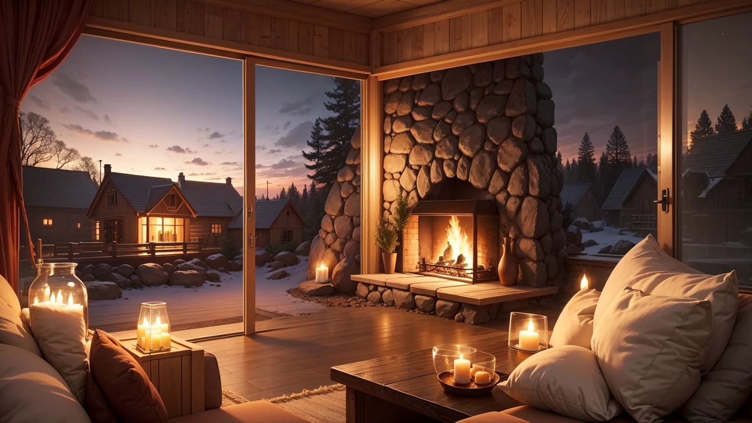 Cartoon background of wooden house living room, This night outside](Comfortable atmosphere), (Soft lighting), Bright fire in stone fireplace, This is the best night, Transparent glass window