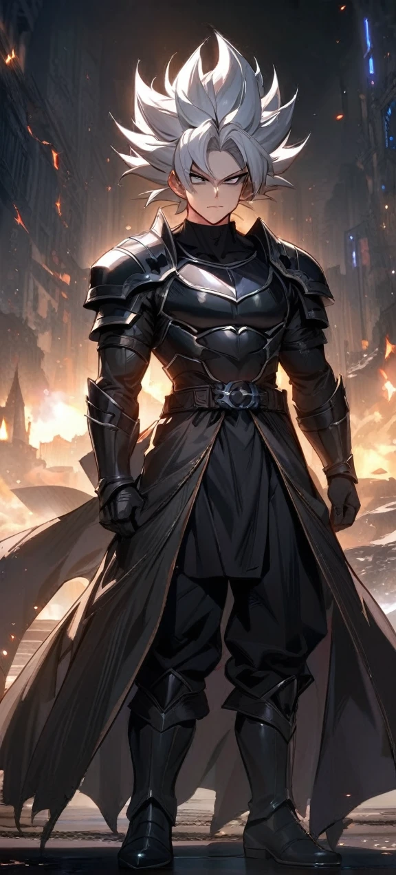  High quality, สมจริงเป็นspecial,nonsense, height, Very detailed, HDR, Masterpiece, ใบหน้าและดวงตาที่มีรายVery detailed,  Sagittarius Seiya, Saint Saiyan , dark armor, alone, ,man, handsome, ,White eyelashes, black eyes , Villain&#39;s expression, black splash effect, dark black lightning effect,glowing glitter , symmetrical , Black Aura, strong full body view ,Fantasy Knight, Fantasy Warrior, Fantasy Knight, Fantasy Warrior in full armor ชายหนุ่มผู้เงียบสงบและมีเสน่ห์, 30 years old, smile, gag, Portrait, Highly detailed face, 寒さとsmile, ((blue eyes)), ((black short hair)), [Thick eyebrows], battlefield, ((black long coat)), ((all black)), (blue eyes) ,Short Black Quiff Hair with Soft Fringe, handsome , muscle, Facial expressions, Black Knight Armor (Plain black armor) , black fur shawl(Masterpiece,best quality,special, (Broad shoulders)) (muscle), male focus, Hand Held Weapons (Crescent repeater),Lipo,Fang Tian Hua Ji, attack posture. , Details of his repeater, Characteristics and characteristics of monsters, and convey the tension and power of the encounter.."