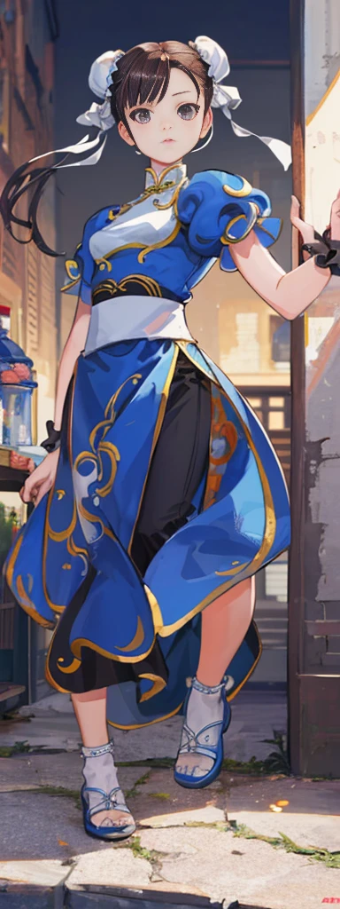 chun-li,((masterpiece)), ((best quality)), ((ultra detailed)), ((kawaii)), cute, (lovely), ((extremely detailed)), ((8K)), (beautiful),flat breast, tiny breast,full body