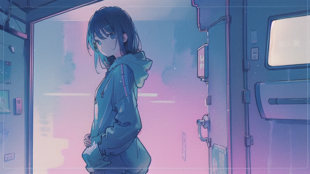 (watercolor), (low contrast), (face, 1 girl, hoodie, look at viewer, cowboy shot),オシャレな服,