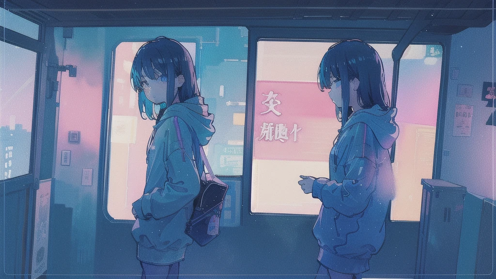 (watercolor), (low contrast), (face, 1 girl, hoodie, look at viewer, cowboy shot),オシャレな服,