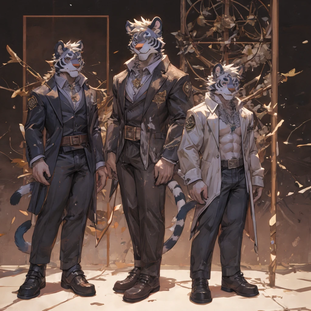 {{bara extremely handsome white tiger,}} {{white fur,}} white, wearing elegant ornate suit jacket, trousers, white dress shirt and necktie, white fluffy furry body and limbs, loafers, very tall, very broad shoulders, narrow waist, muscular arms, massive pecs, purple eyes, very long legs, massive bulge, sophisticated hot look, full body, 3/4 view, best quality, high quality, silver earring on left ear, sultry smirk, multiple views, character sheet