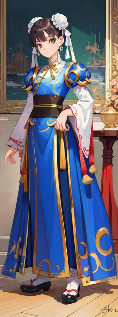 chun-li,((masterpiece)), ((best quality)), ((ultra detailed)), ((kawaii)), cute, (lovely), ((extremely detailed)), ((8K)), (beautiful),flat breast, tiny breast,full body