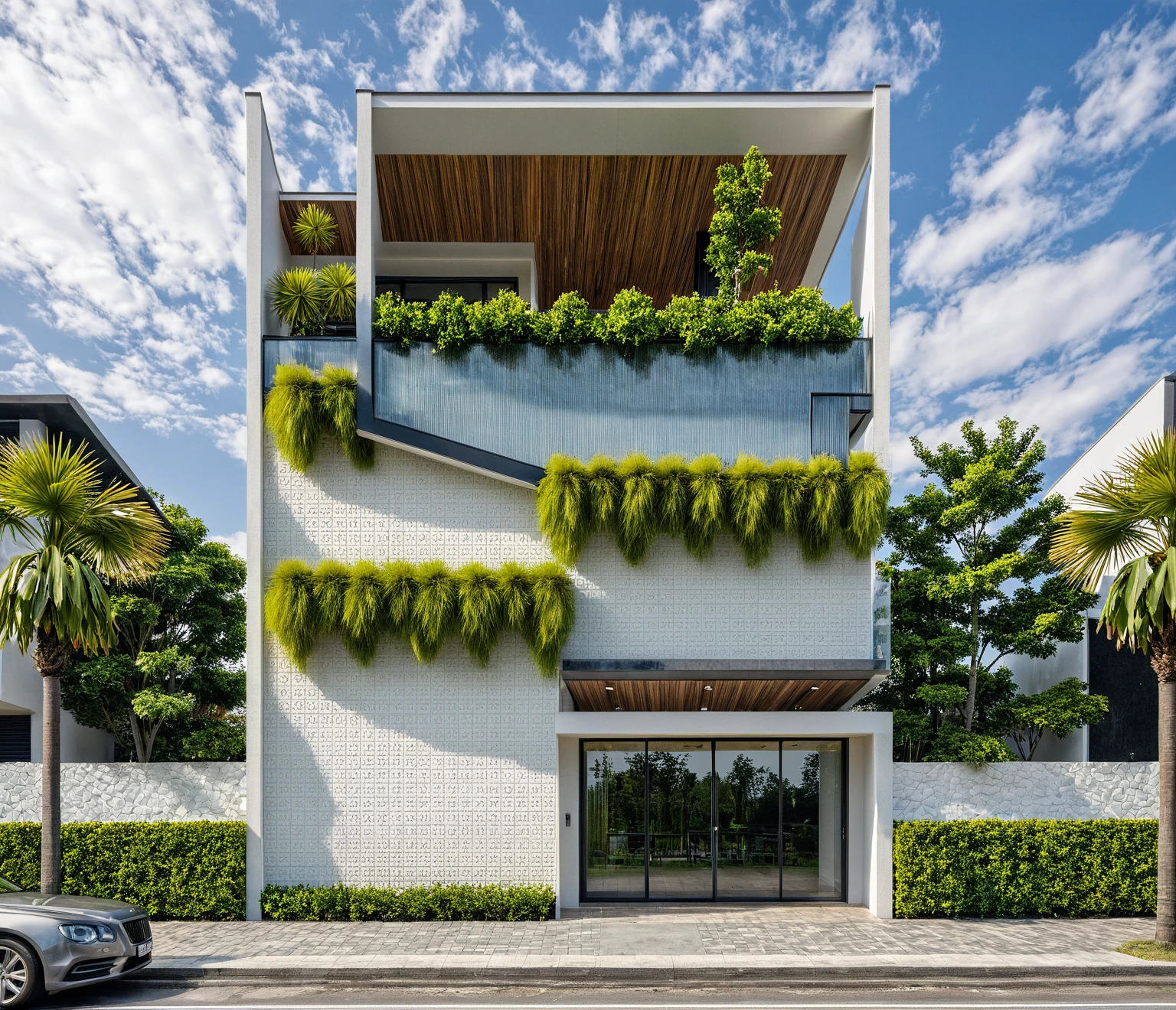 Masterpiece, high quality, best quality, authentic, super detail, outdoors, onestoreyvillaXL, aiaigroup, house style modern on the street ,stairs, white wall ,road,pavement, grass, trees, sky, cloud, (daylight:1.1)