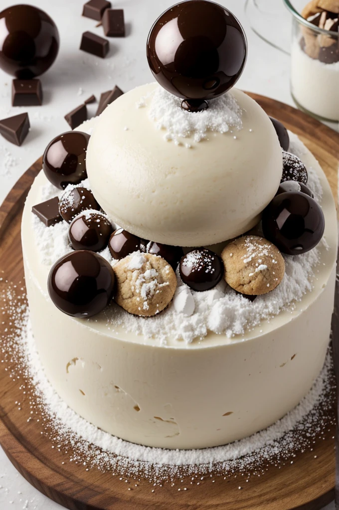 Create an image of a dessert of a rice snow on a bed of cookies and chocolate spheres on top