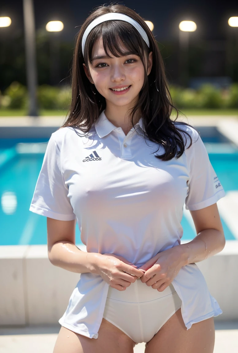 (((neat woman,cowboy shot, (((masturbation,Masturbation))),))),(((kind smile:1.8,kind smile,blush:1.8,blush,deep cheek:1.8,deep cheek:1.8))),(cinematic lighting), (Photo real:1.4)、(A hyper-realistic:1.4)、(Photorealistic:1.3)、 (gentle lighting: 1.05)、(Improve the lighting quality of your video:0.9)、 32k、25years old woman、photorealistic lighting、Back lighting、Facial Lights、Ray Trace、(bright:1.2)、(Increase quality:1.4)、 (best quality real texture skin)、Fair eyes,delicate face、 Close-up of the face, ((((Wearing the tight white tennis uniform))),(((very sweat:1.5,sweat,little wet white uniform))), high-neck:1.4,mini skirt,high-heel))),(Bodyline mood improvement:1.1)、Glossy skin、good figure,perfect anatomy,Beautiful actress,(((beautiful huge breasts,slender waist,slender hip,long slender legs,8heads tall))),(((8heads tall))),(((wavy midium hair,bangs,hairband))),(((sweat skin,shiny skin,in the beautiful modern night pool,super clean night view,in the night))), (((masturbation、Touching pussy、Masturbation)))