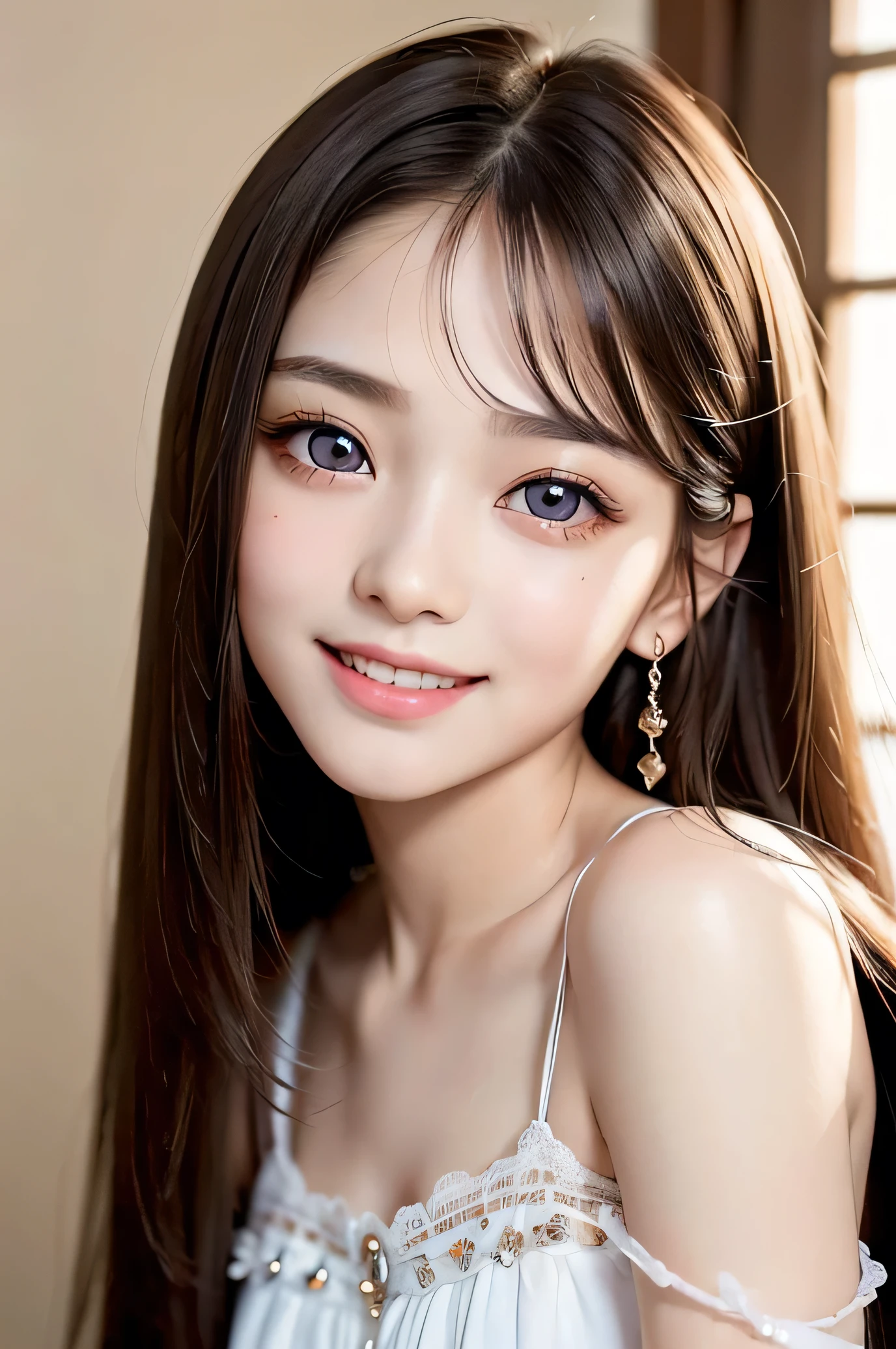 (Very beautiful cute girl), (very cute face:1.2),10 yo, (sparking crystal clear attractive large eyes:1.1), best looks, Beautiful detailed eyes, Detailed double eyelids, (smiling), (realistic photograph:1.2), long straight hair