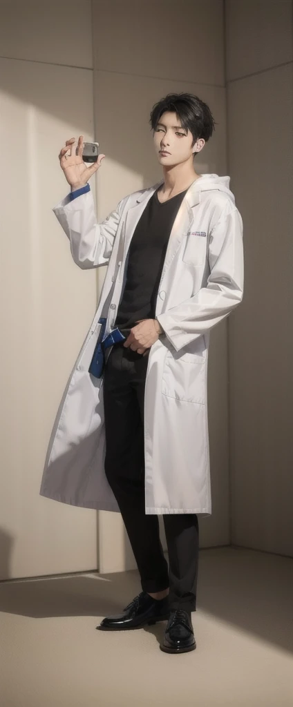 (Fair skin),((white lab coat)), (black hoodie underneath),Iris,(gender: Natural Face),(Japanese),(leather shoes),long body,handsome young asian man, Japanese idol style, short clean-cut hair, (center part), calm confident expression, hands in lab coat pockets, plain white background, portrait, high quality, detailed, 8K