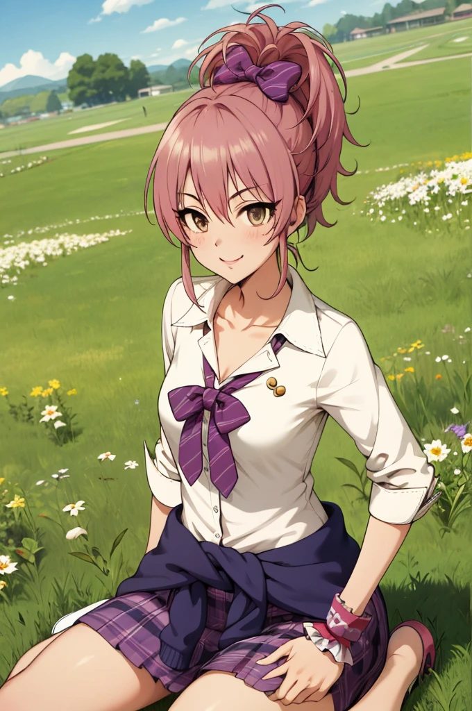 masterpiece, best quality, highres, aamika, ponytail, hair bow, collarbone, , striped, bowtie, collared shirt, white shirt, sleeves rolled up, wrist scrunchie,, clothes around waist, plaid skirt, purple skirt, wariza, field, smile, grass, outdoors