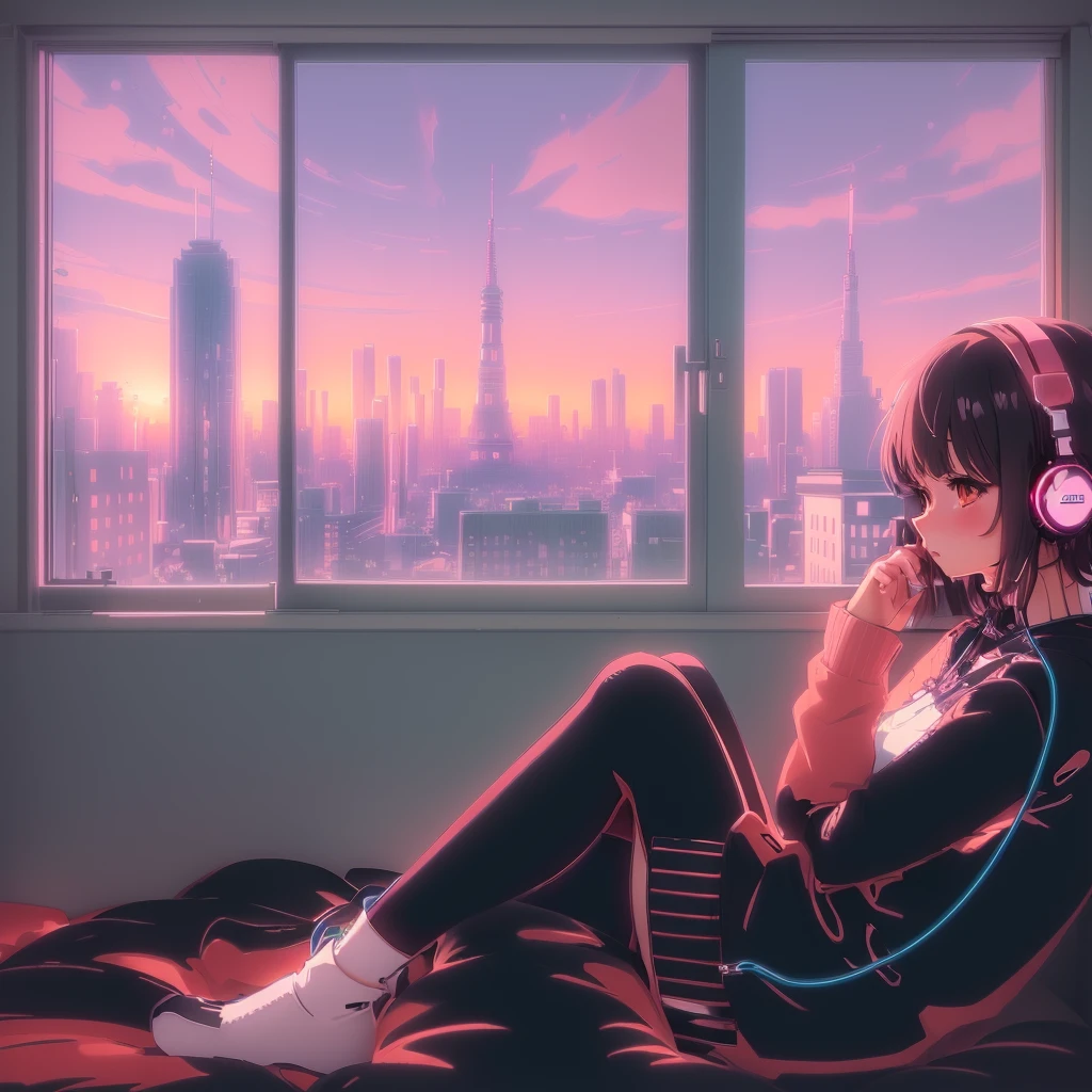 anime girl sitting on a bed with headphones on and a city view, Lo-fi Girl, Watching the sunset. anime, anime style 4 k, tokyo anime scene, anime vibes, retro anime girl, anime art wallpaper 8 k, Lo-fi art style, anime art wallpaper 4k, anime art wallpaper 4 k, anime style illustration, Girl sitting on bed, Ghibli Art Style