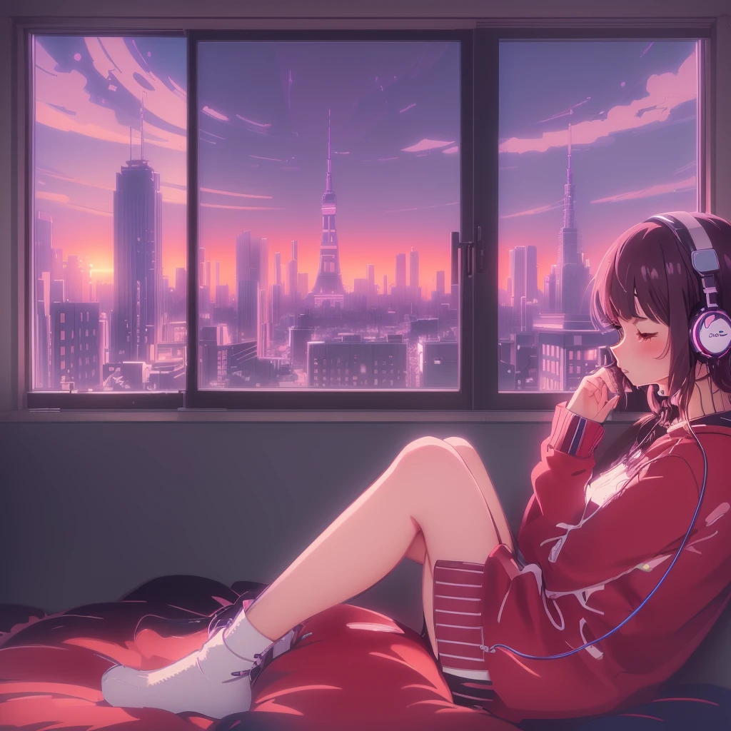 anime girl sitting on a bed with headphones on and a city view, Lo-fi Girl, Watching the sunset. anime, anime style 4 k, tokyo anime scene, anime vibes, retro anime girl, anime art wallpaper 8 k, Lo-fi art style, anime art wallpaper 4k, anime art wallpaper 4 k, anime style illustration, Girl sitting on bed, Ghibli Art Style