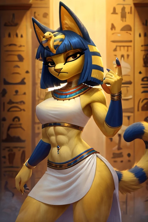 ((best quality)), ((masterpiece)), (detailed), digital artwork of a yellow cat ankha with abs wearing a crop top of her white sleeveless dress with white long dress skirt, a bare midriff and a bare navel, , Egyptian setting, anthro, furry style, tail, she looks snobbish, sideview, navel piercing, blue Egyptian handbands,