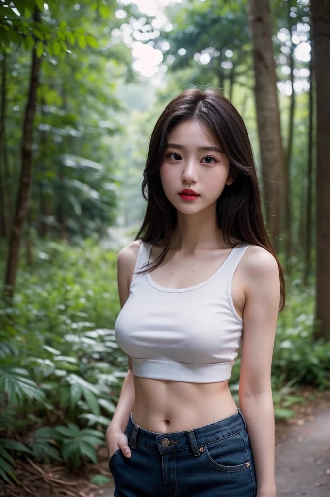 A very cute girl, solo, young, wearing navy tank top and short pants, big breasts, white and smooth skin, standing, long hairs, red lip, at forest, realistic face