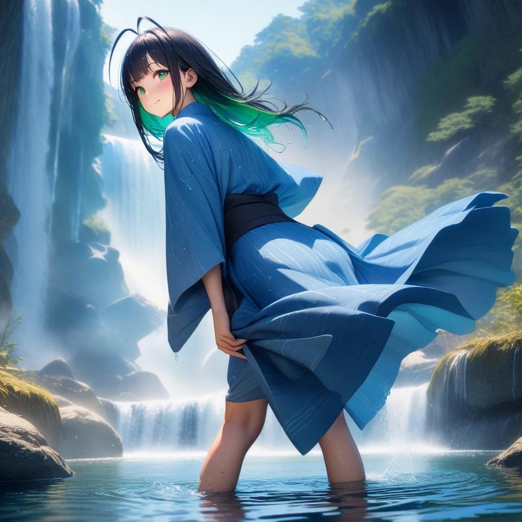 (masterpiece, photo_real, official art, octane-render):1.4, (background the Falls of Nabegataki, Aso, Kumamoto, Japan, blue theme):1.21, (detailed line art, watercolor painting, aesthetic art, light tone):1.3,
(1 cherubic face girl), magnificent view, whole surface waterfall, dynamism, power, (water reflection:1.1), waterfall (splash:1.3), (ripple:0.95), fantastic, gentle breeze, 1 girl, Back view of girl Crouch down on Center of waterfall, from back, smile, (in blue yukata), bare foot, ((perfect foot)), playful, (((girl in waterfall))), ((wet hair)), (detailed green eyes, jet-black hair,colored inner green ombre hair multicolored hair,antenna hair):1.21, nape, (subjective perspective), dense and delicate clothes, ethereal lighting,dim lighting),