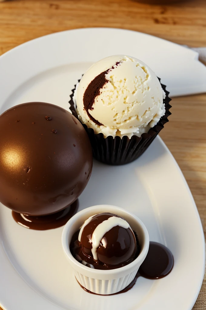 A small dessert with rice ice cream and chocolate spheres 