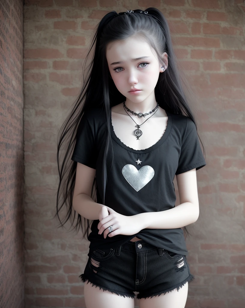 gothic, girl, detailed face, ultra detail, hyperrealism, young, thin thighs, (full body), piercings, neck collar, cute, sad, torn t-shirt, torn shorts, full body pic