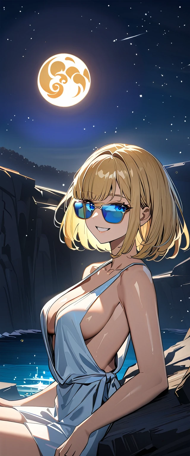 ((grin)), ((plunging neckline dress:1.3)), ((sundress)), ((off shoulders, Quite thick shoulder straps)), ((blond hair, bob cut:1.3)), ((sunglasses, hand to sunglasses)), (((from side))), ((((upper body)))), bare legs, (((A night sky stretching under a full moon, stars shining and reflecting on the sea surface))), ((sitting on the very high cliff)), wavy hair, inward curled hair, ((sea, nature)), breasts, ager, (looking at viewer), puffy long sleeves, collarbone, head tilt:1.3, (((blue eyes))), happy smile, (((anime style))), (best quality, 4K, 8K, highres, masterpiece:1.2, ultra-detailed, ultra-detailed eyes, HDR, uhd, studio lighting, ultra-fine painting, sharp focus, physically-based rendering, extreme detail description, professional, vivid colors, bokeh)