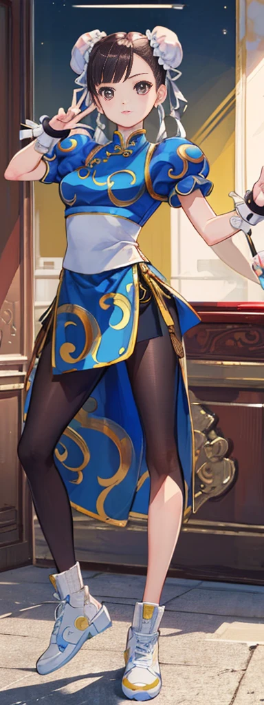 chun-li,((masterpiece)), ((best quality)), ((ultra detailed)), ((kawaii)), cute, (lovely), ((extremely detailed)), ((8K)), (beautiful),flat breast, tiny breast,full body