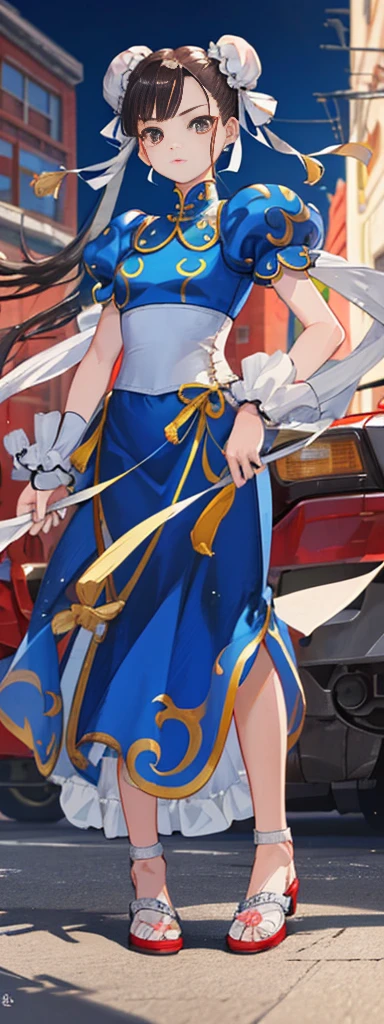chun-li,((masterpiece)), ((best quality)), ((ultra detailed)), ((kawaii)), cute, (lovely), ((extremely detailed)), ((8K)), (beautiful),flat breast, tiny breast,full body