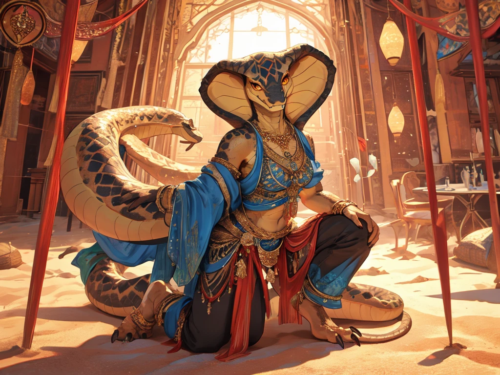 ((Best quality)), ((masterpiece)), (detailed), perfect face , fluffy , snake , cobra snake , Clothes for dancers , arab dancer , white-sand-yellow scales , close person , fangs , yellow repril eyes , Female