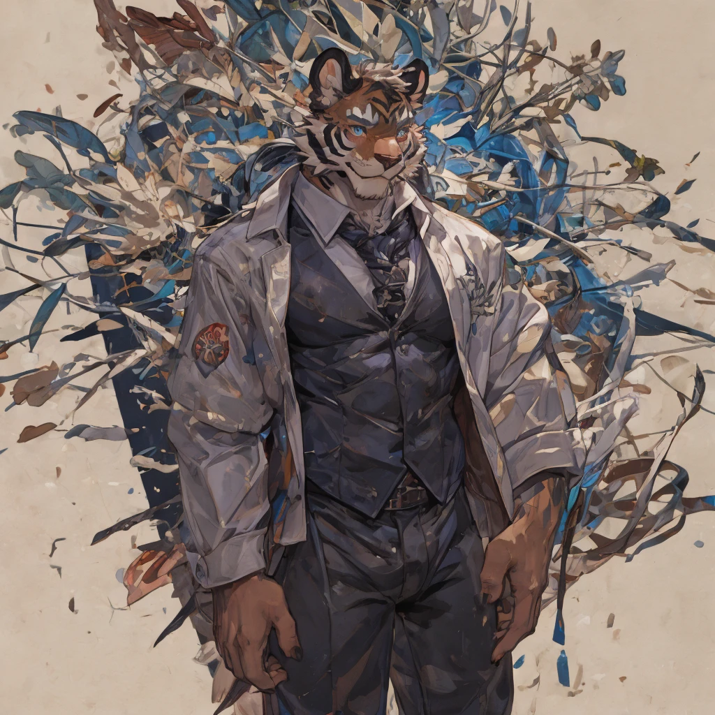 {{bara extremely handsome white tiger,}} {{white fur,}} white, wearing elegant ornate suit jacket, trousers, white dress shirt and necktie, white fluffy furry body and limbs, loafers, very tall, very broad shoulders, narrow waist, muscular arms, massive pecs, purple eyes, very long legs, massive bulge, sophisticated hot look, 3/4 view, best quality, high detail, CG image, character splash art, silver earring on left ear, sultry smirk