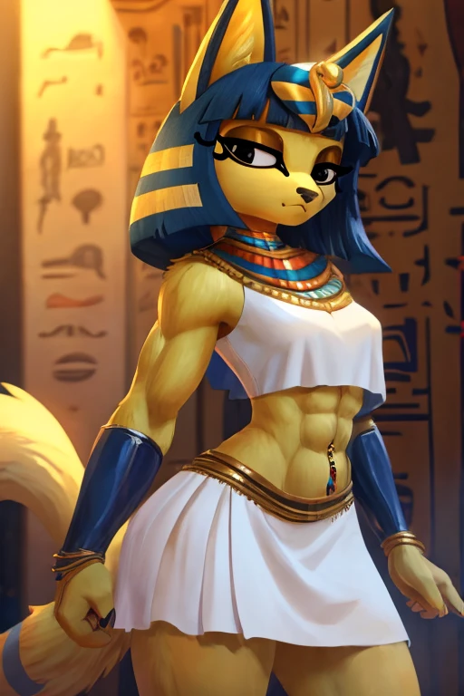 ((best quality)), ((masterpiece)), (detailed),  digital artwork of a  yellow cat ankha with abs and sunglasses wearing a crop top of her white sleeveless dress with white long dress skirt, a bare midriff and a bare navel, , Egyptian setting, anthro, furry style, tail, she looks snobbish, sideview, navel piercing,  blue Egyptian handbands, 