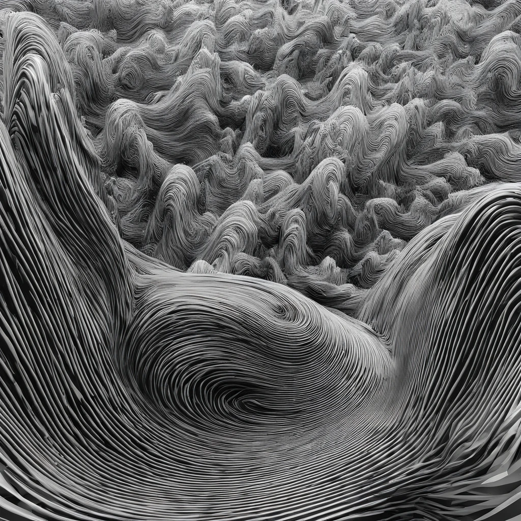 The journey to the mountains and rivers begins,Black and white twisted spirals,Precise mountain structure,The sky is black