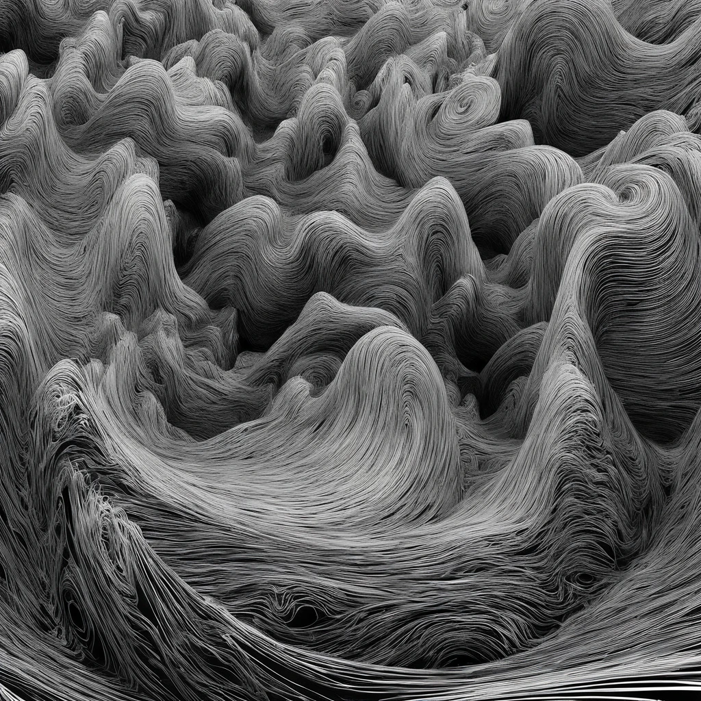 The journey to the mountains and rivers begins，Black and white twisted spirals，Precise mountain structure，The sky is black