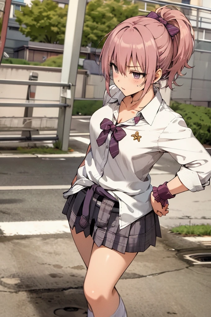 masterpiece, best quality, highres, aamika, ponytail, hair bow, collarbone, , striped, bowtie, collared shirt, white shirt, sleeves rolled up, wrist scrunchie,, clothes around waist, plaid skirt, purple skirt, , outdoors,loose socks